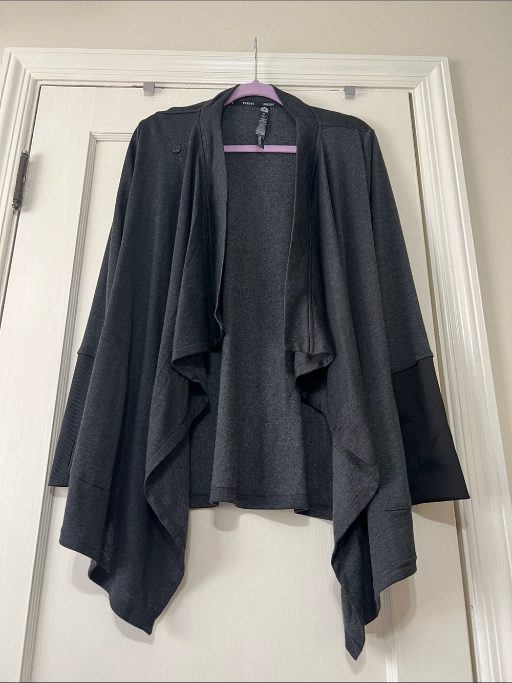 RBX Charcoal Draped Athletic Open-Front Sweater with pockets and thumbholes